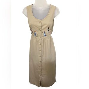 Vintage Bonworth Dress S Lighthouse Embroidery Tan Waist Tie Button Midi Women